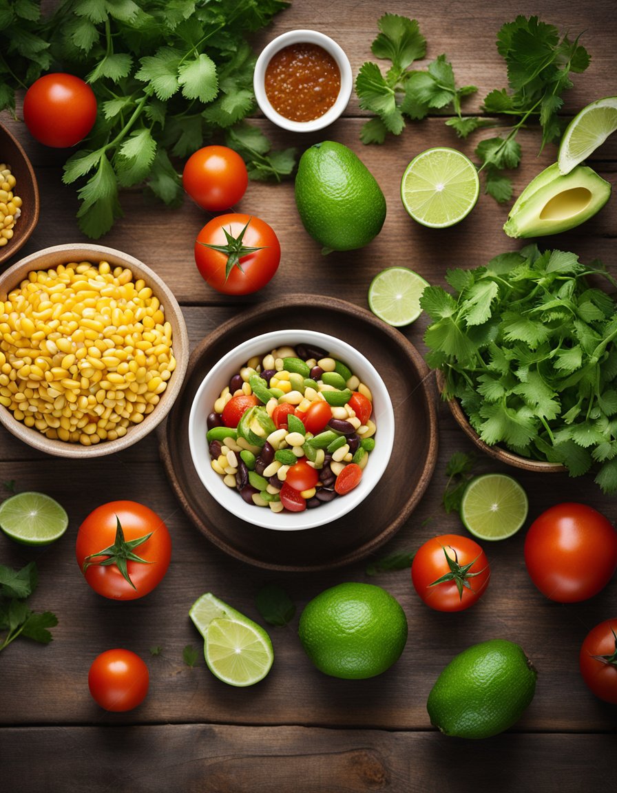 A colorful bowl of mixed beans, corn, tomatoes, and avocado, dressed with lime juice and cilantro, sitting on a wooden table
