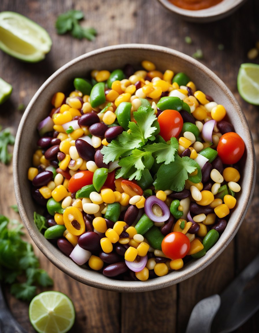 A colorful bowl of mixed beans, corn, and fresh vegetables, drizzled with zesty Mexican dressing, sitting on a rustic wooden table
