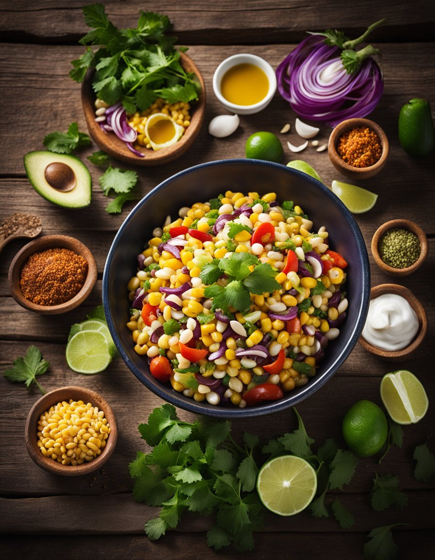 A colorful bowl of Skinny Mexican Bean and Corn Salad sits on a rustic wooden table, surrounded by fresh ingredients and vibrant spices