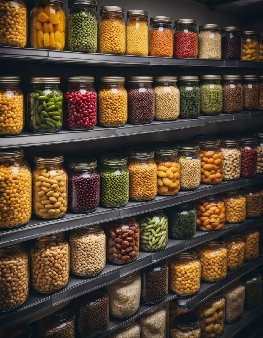 A glass jar filled with colorful layers of beans, corn, and diced vegetables, sealed with a tight-fitting lid. Shelves of canned goods and a cool, dark storage room in the background