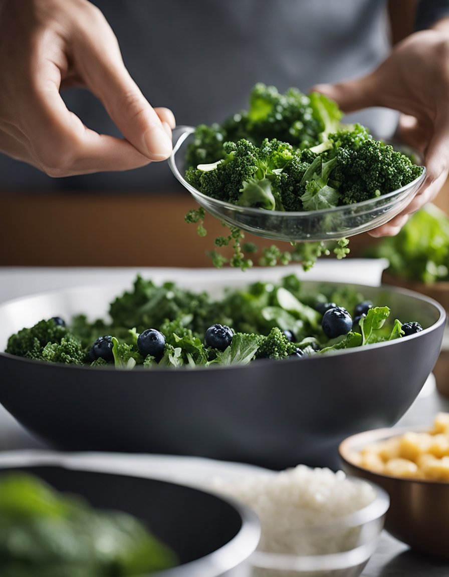A variety of superfoods, including kale, quinoa, and blueberries, are being washed, chopped, and mixed in a large salad bowl. Ingredients are arranged neatly on the counter
