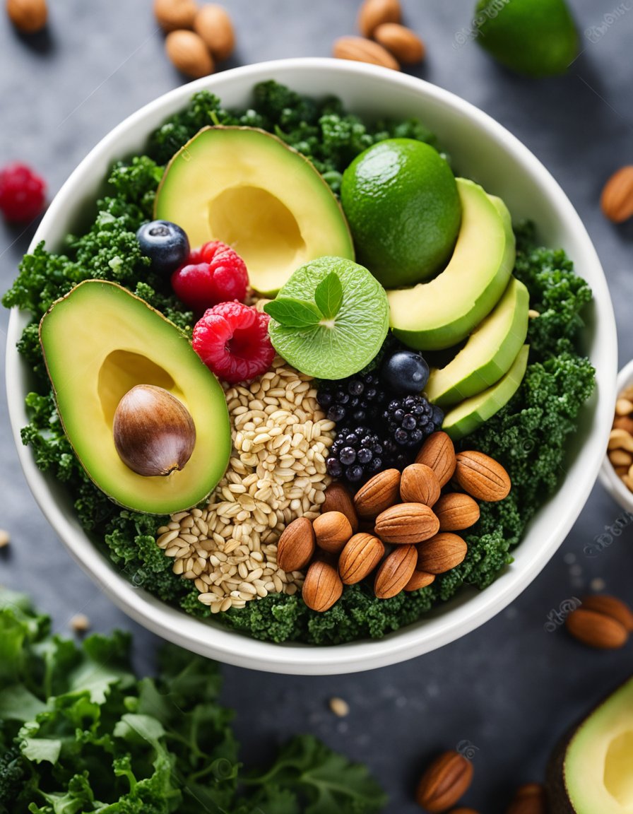 A colorful array of superfoods arranged in a bowl: kale, quinoa, berries, avocado, nuts, and seeds. Bright, fresh, and vibrant