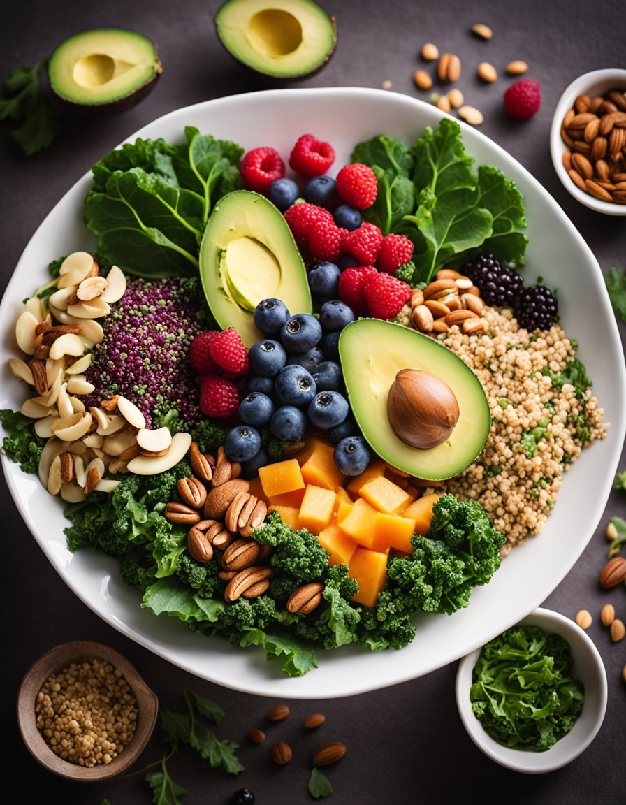 A colorful array of superfoods arranged on a plate, including kale, quinoa, berries, nuts, and avocado, creating a vibrant and healthy salad