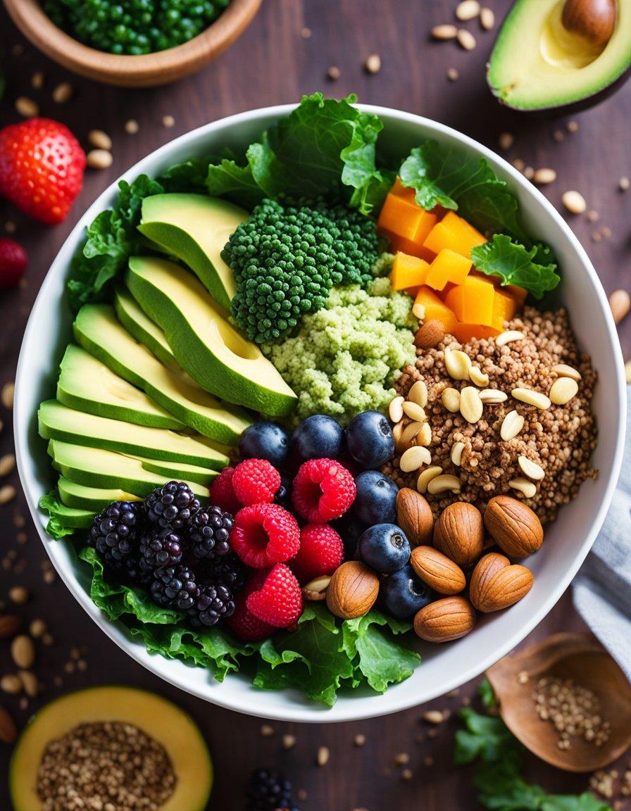 A colorful array of superfoods, including kale, quinoa, avocado, berries, and nuts, arranged in a vibrant salad bowl