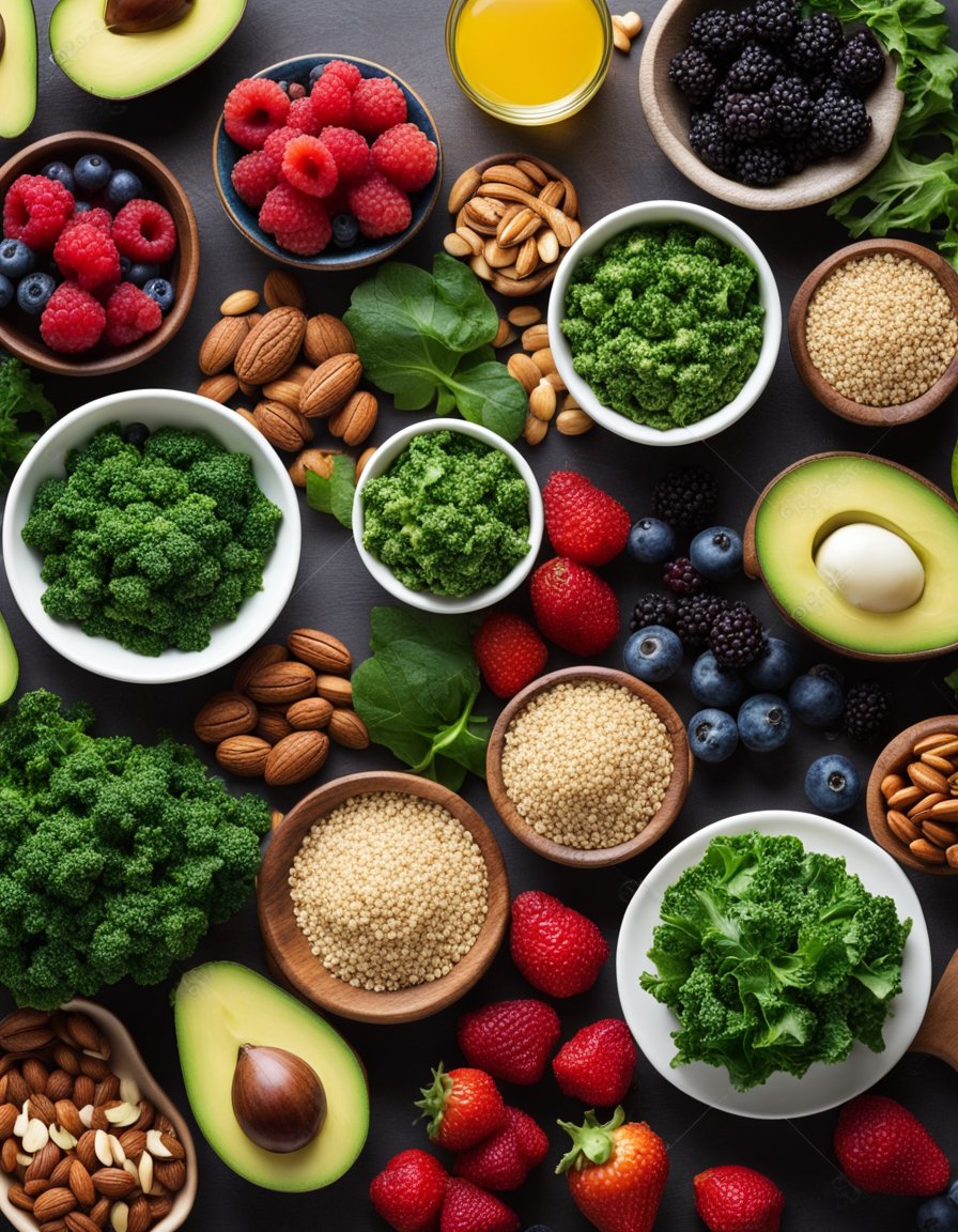 A colorful array of superfoods arranged on a wooden cutting board: kale, quinoa, berries, nuts, avocado, and more. Bright, fresh ingredients bursting with health and flavor