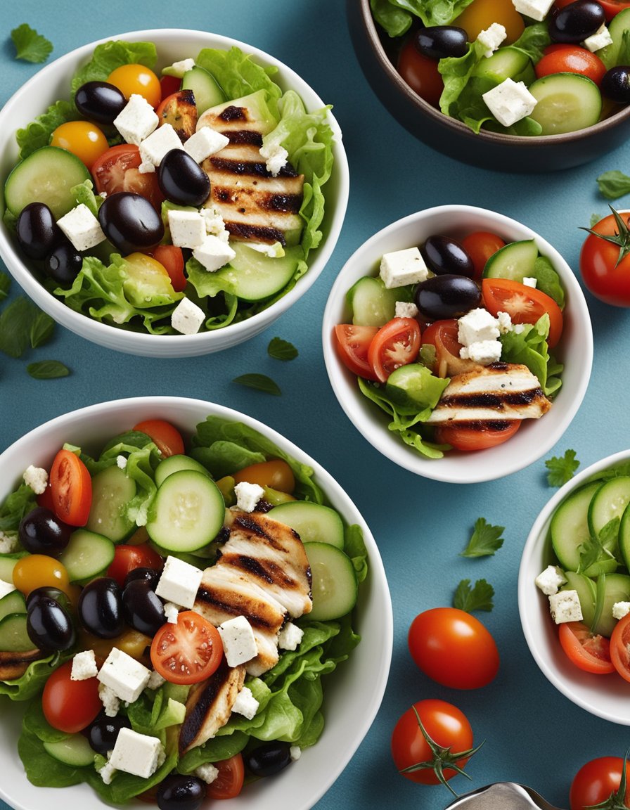 A colorful bowl filled with fresh lettuce, tomatoes, cucumbers, olives, feta cheese, and grilled chicken, drizzled with a tangy vinaigrette dressing