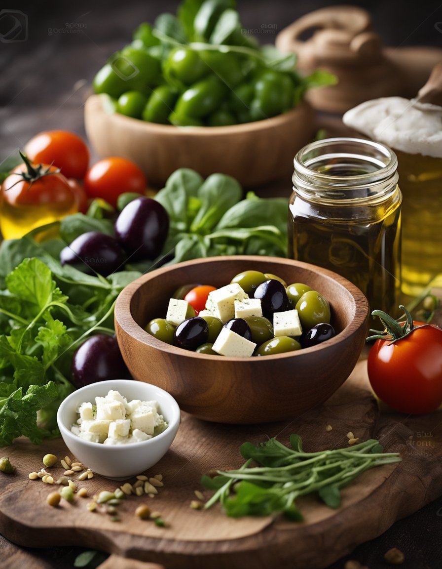A rustic wooden table with a colorful array of Mediterranean ingredients: olives, feta, tomatoes, cucumbers, and mixed greens. A bottle of olive oil and a bowl of vinaigrette sit nearby