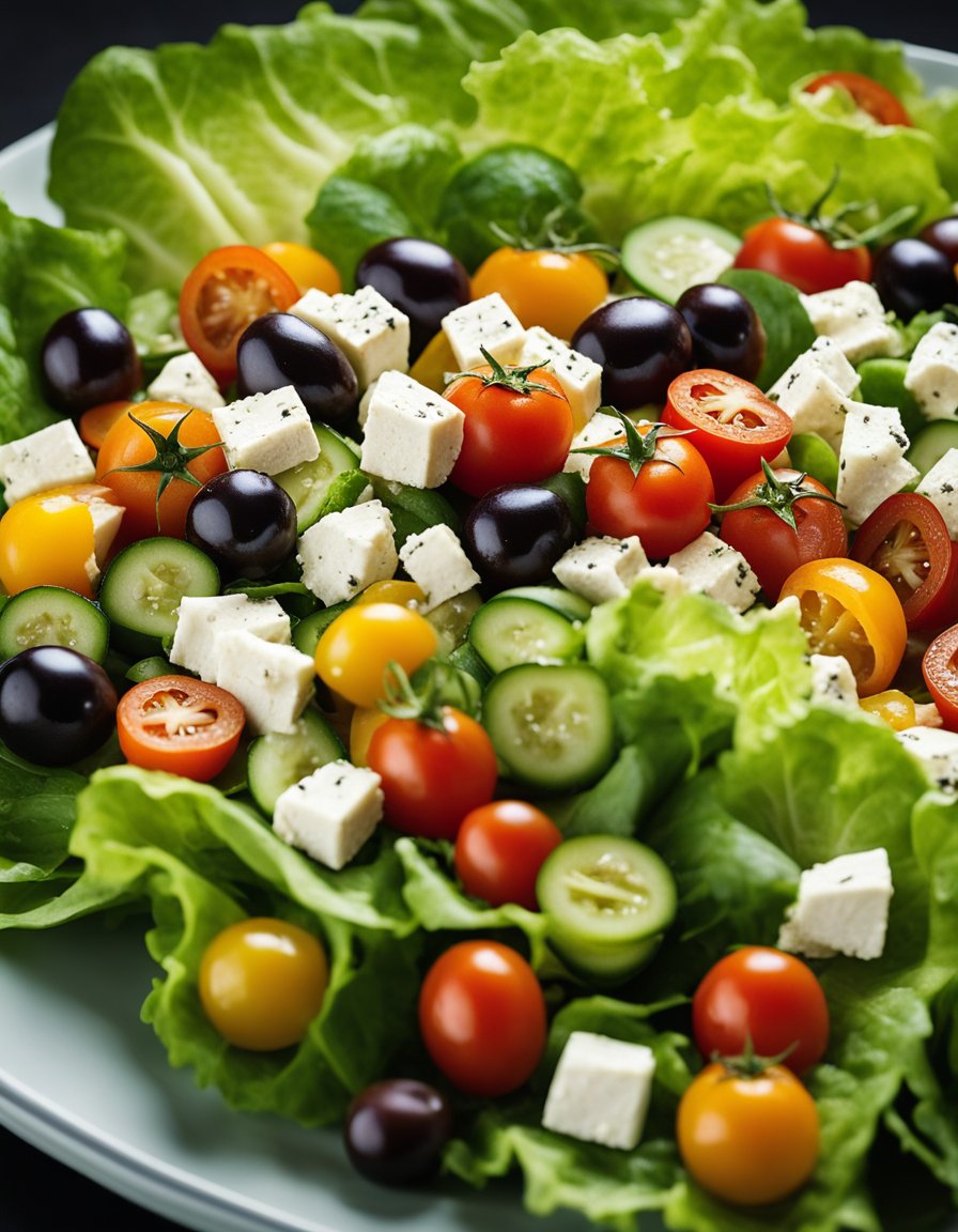 A colorful array of fresh vegetables, including tomatoes, cucumbers, olives, and feta cheese, arranged in neat rows on a bed of crisp lettuce, with a side of tangy vinaigrette dressing