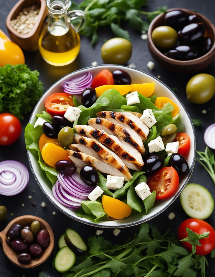 Fresh vegetables, feta cheese, olives, and grilled chicken arranged in a colorful, vibrant salad bowl with a drizzle of olive oil and balsamic vinaigrette