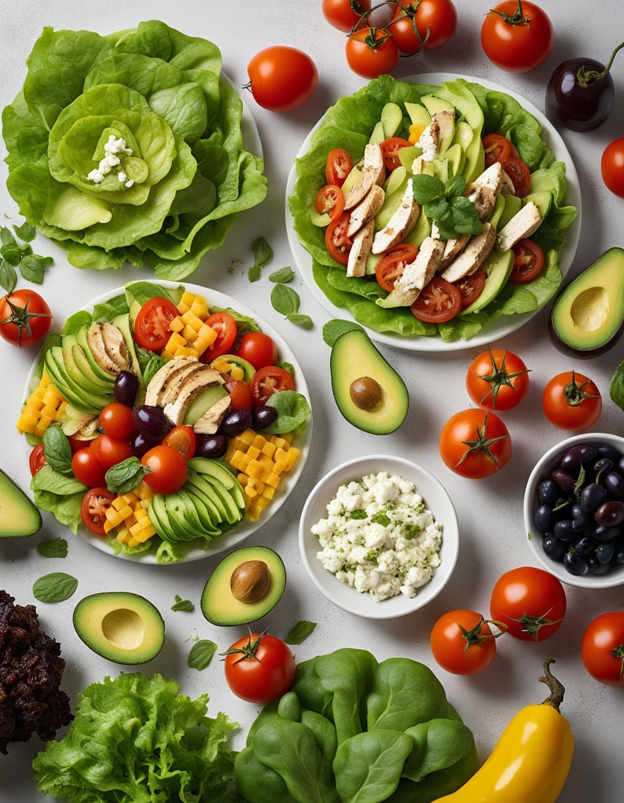 A colorful array of fresh vegetables, including crisp lettuce, juicy tomatoes, and creamy avocado, arranged in a circular pattern with feta cheese, olives, and grilled chicken, topped with a drizzle of tangy vinaigrette