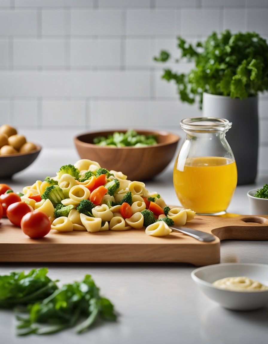 A wooden cutting board with fresh vegetables, a bowl of cooked tortellini, and a bottle of vinaigrette dressing on a kitchen counter