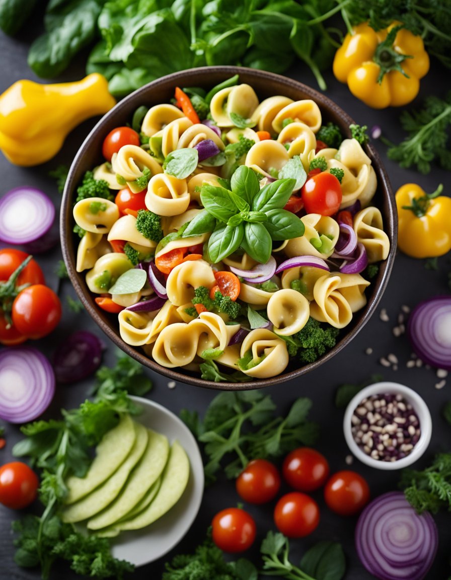 A colorful bowl of tortellini pasta salad surrounded by vibrant, fresh vegetables and herbs, with a light dressing drizzled on top
