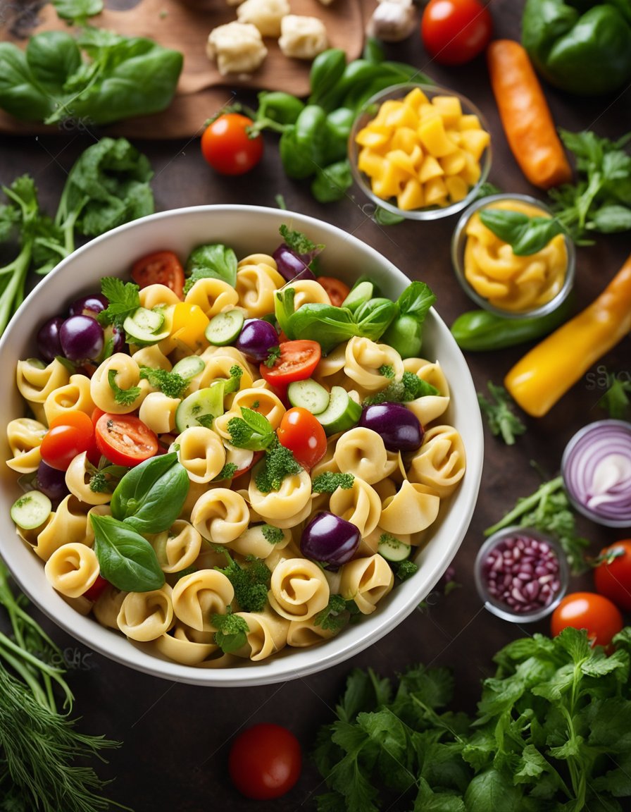 A colorful bowl of tortellini pasta salad surrounded by fresh vegetables and herbs, with a clear label displaying nutritional information