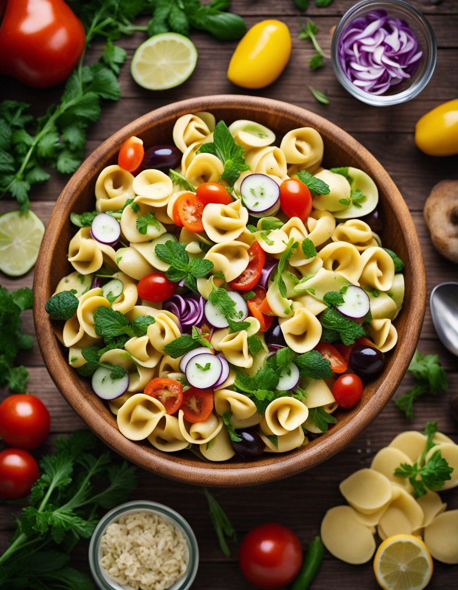 A colorful bowl of tortellini pasta salad surrounded by fresh vegetables and herbs on a wooden picnic table