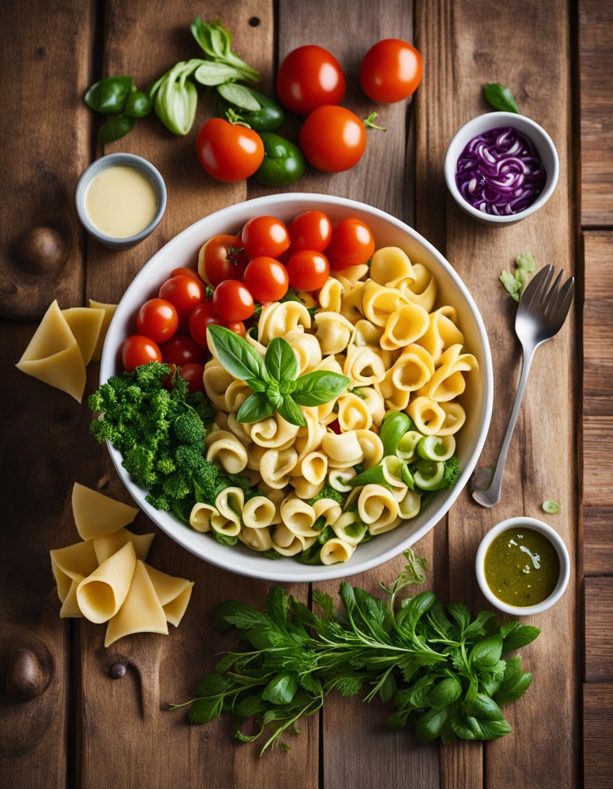 A colorful bowl of tortellini pasta salad sits on a wooden table surrounded by fresh vegetables and herbs, with a jar of dressing nearby