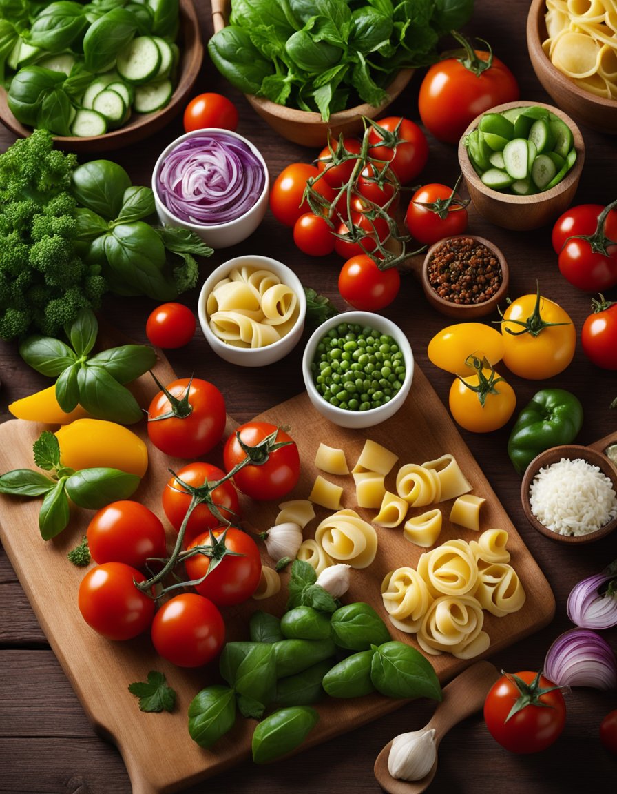 A colorful array of fresh garden vegetables, ripe cherry tomatoes, tender tortellini pasta, and a variety of flavorful herbs and spices arranged on a wooden cutting board