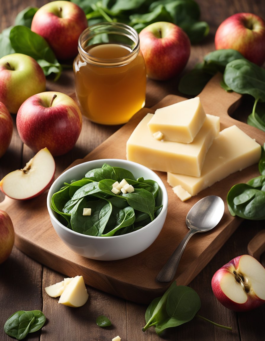 Fresh apples, white cheddar cheese, and spinach arranged on a wooden cutting board. A small bowl of honey-apple cider vinaigrette sits nearby