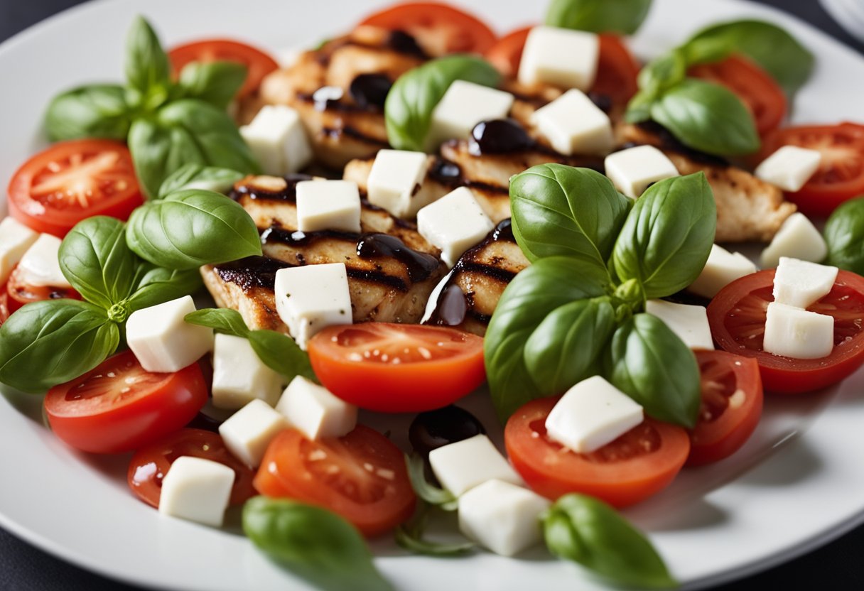 Fresh basil, ripe tomatoes, and mozzarella arranged on a plate. Balsamic-marinated chicken grilling on a hot pan. Ingredients and utensils neatly organized on a kitchen counter