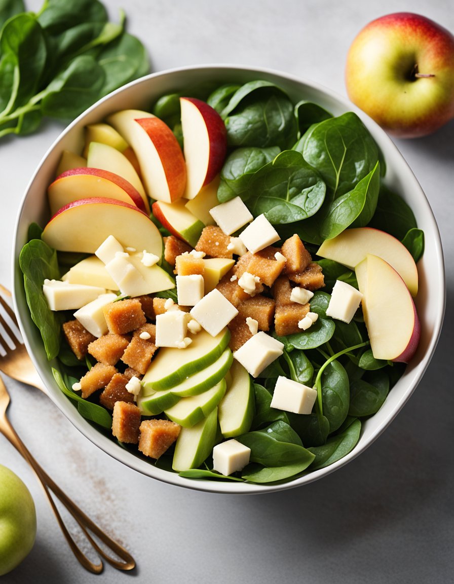 A colorful salad bowl with apple slices, chunks of white cheddar, and fresh spinach leaves, drizzled with honey-apple cider vinaigrette