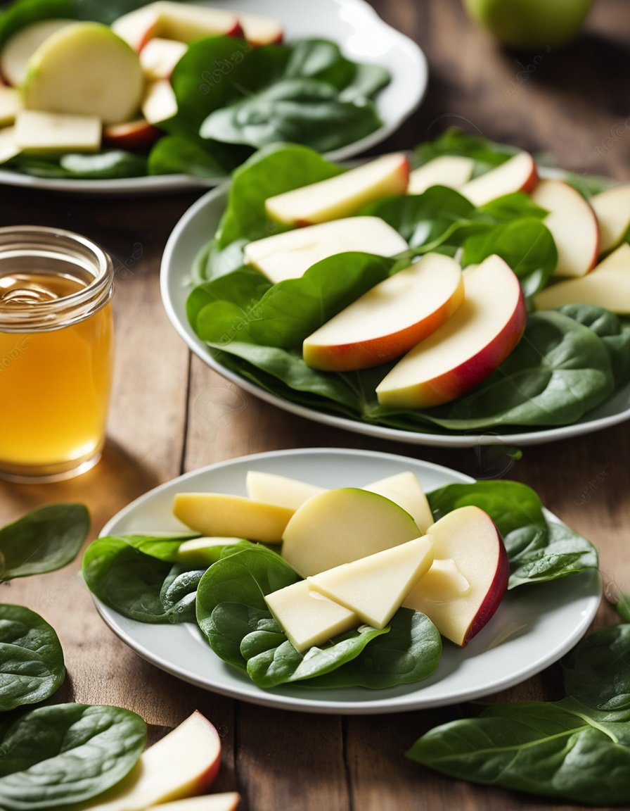 Fresh apple slices, chunks of white cheddar, and vibrant spinach leaves arranged on a plate, drizzled with honey-apple cider vinaigrette