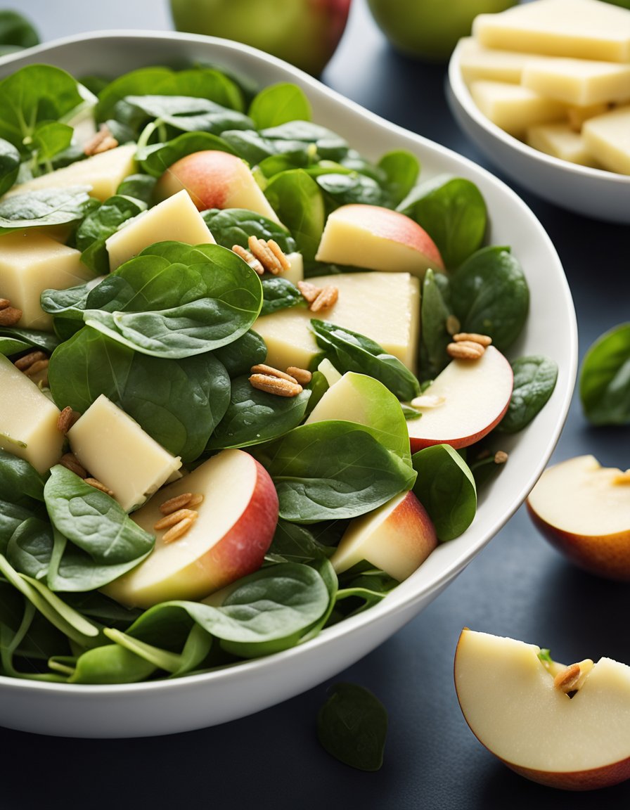 A bowl of apple, white cheddar, and spinach salad with vinaigrette, garnished with sliced apples and drizzled with honey