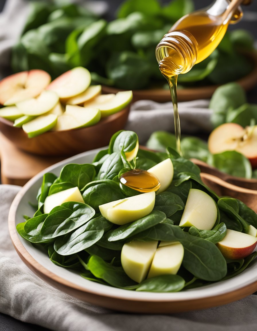 A wooden bowl filled with fresh spinach, sliced apples, and chunks of white cheddar, drizzled with honey-apple cider vinaigrette