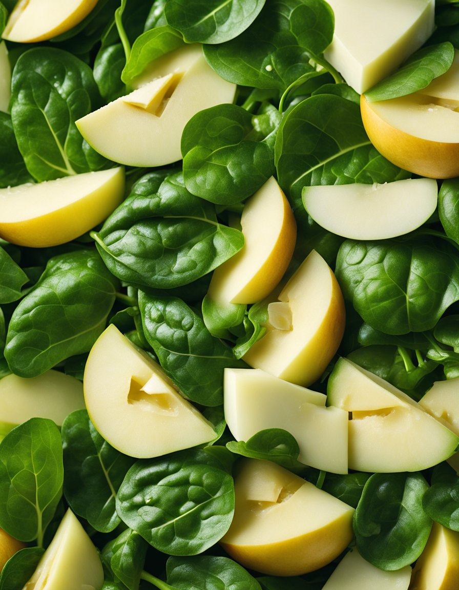 A bowl of fresh spinach leaves, sliced apple, and chunks of white cheddar cheese, drizzled with honey-apple cider vinaigrette