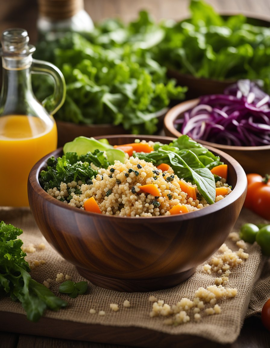 A wooden bowl filled with quinoa, colorful vegetables, and leafy greens. A bottle of vinaigrette sits nearby, ready to be drizzled over the salad