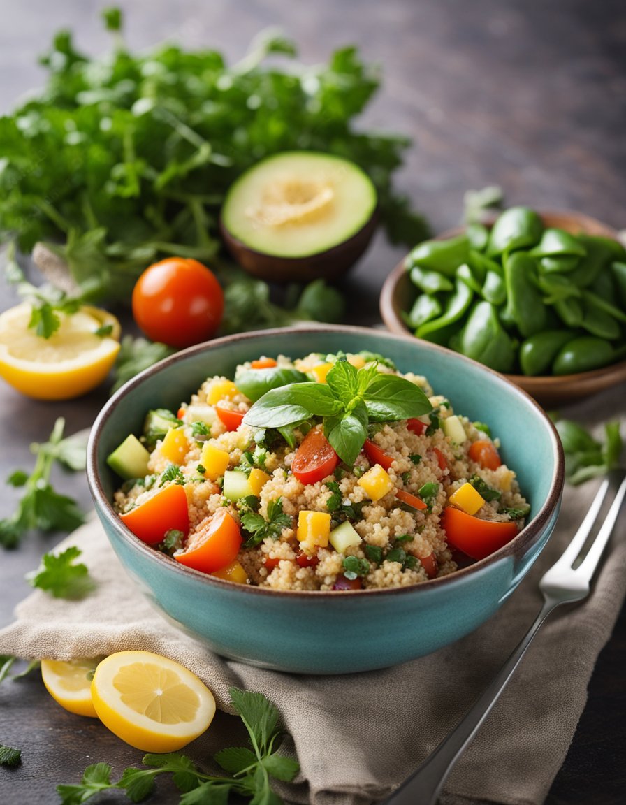 A colorful bowl of quinoa salad surrounded by fresh vegetables and herbs, with a fork resting on the side