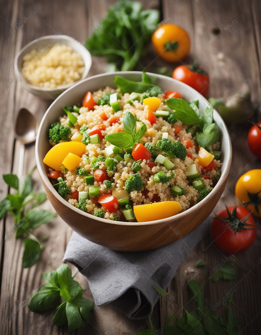 A colorful bowl of quinoa salad sits on a wooden table surrounded by fresh vegetables and herbs from the garden