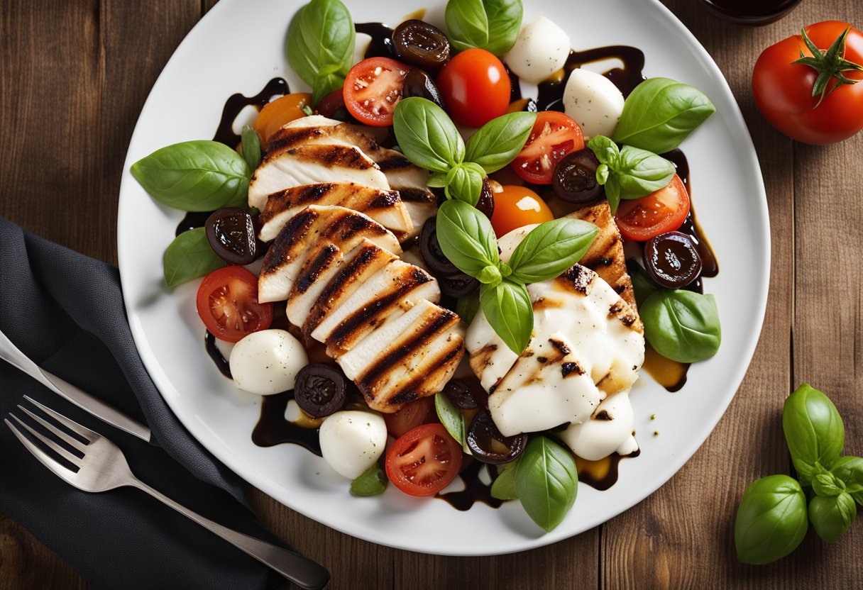 A plate of balsamic chicken caprese salad sits on a wooden table with vibrant tomatoes, mozzarella, basil, and grilled chicken drizzled with balsamic glaze