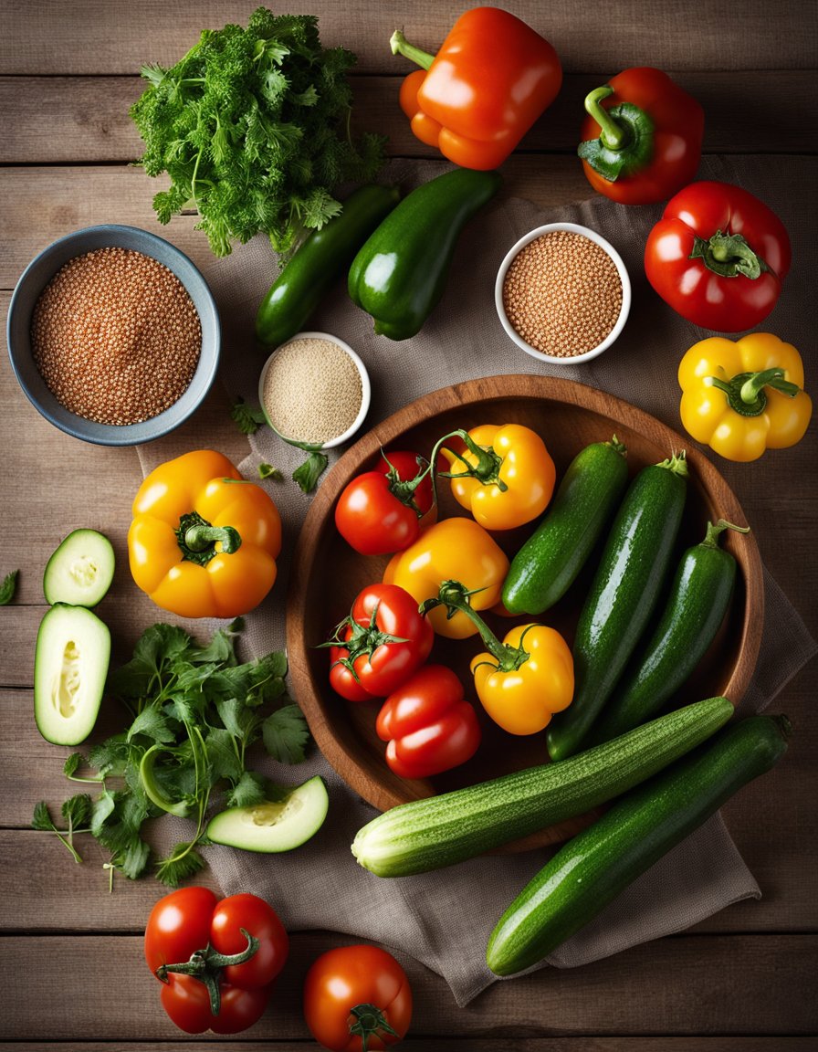A colorful array of fresh vegetables, including tomatoes, cucumbers, and bell peppers, is arranged on a wooden cutting board next to a bowl of cooked quinoa. A bottle of vinaigrette sits nearby, ready to be drizzled
